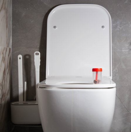 Sterile container with stool test on the toilet bowl in the toilet. Concept for examining stool for dysbacteriosis, microflora, calprotectin. Copy space for textの写真素材