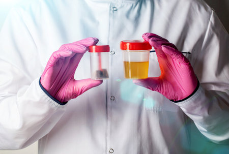 A doctor in pink gloves holds stool and urine tests. The concept of testing for infections and...