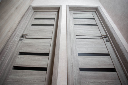 Two modern gray doors with glass inserts for entering and exiting the bedrooms in the apartmentの写真素材