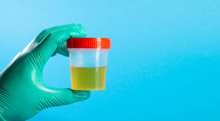 Urine analysis in the hands of a doctor laboratory assistant on a blue background. Urine tests for protein, infections and mucus. Pyelonephritis and urethritis in urology.の写真素材