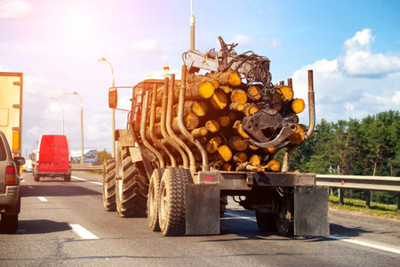 tractor manipulator with trailer transports logs from the forest, logging, forestry industryの写真素材