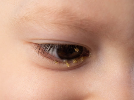 Cutting and pain in the eye of a little boy, pus in the eye. Bacterial and viral infection, conjunctivitis.の写真素材
