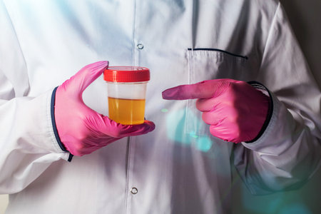 A doctor in pink gloves holds a urine test and points with his finger. Concept for testing urine for mucus and infections and urological diseases.の写真素材