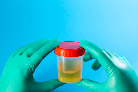 Urine analysis in the hands of a doctor laboratory assistant on a blue background. Urine tests for protein, infections and mucus. Pyelonephritis and urethritis in urology.の写真素材