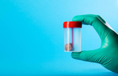 A doctor's hand in a green glove holds a stool test in a container on a blue background. Concept analysis of stool for Helicobacter and coprogram, close-up. Copy space for text, intestinalの写真素材