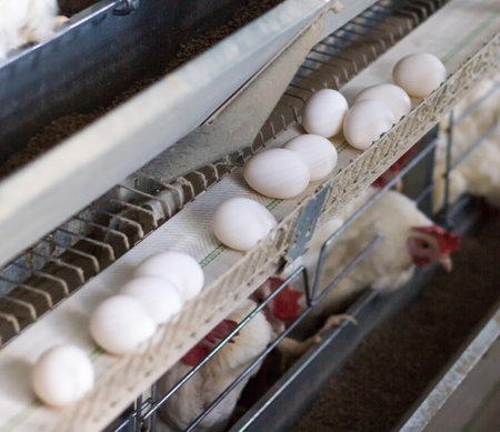 Conveyor with chicken eggs on a poultry farm and chickens. Agriculture in farming, productsの写真素材
