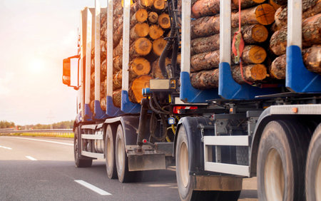 A semi-trailer truck transports logs from the forest to a wood products manufacturing plant. Production of lumber, plywood and board products. Copy space for text, industryの写真素材