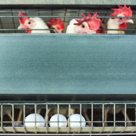 Conveyor with chicken eggs on a poultry farm and chickens. Agriculture in farming, productsの写真素材