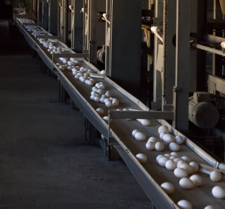 Conveyor with chicken eggs on a poultry farm and chickens. Agriculture in farming, products. Copy space for textの写真素材