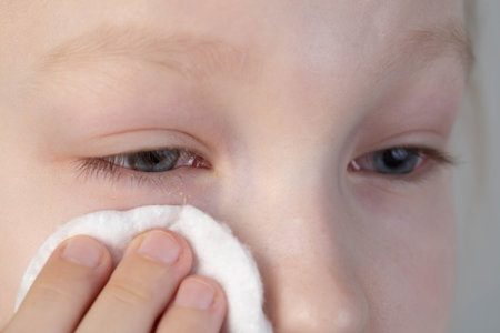 A girl wipes her eyes with a cotton pad to remove pus from her eyes due to conjunctivitis. Bacterial infection, close-upの写真素材