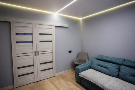 Gray sliding interior door in a hall with modern renovation, suspended ceiling and LED strip.の写真素材
