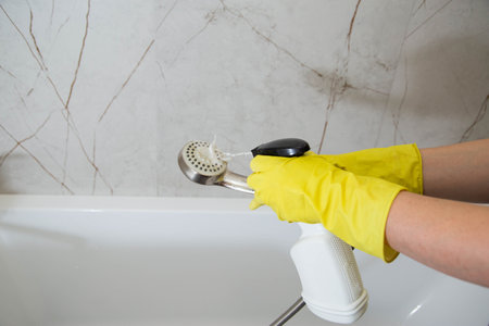 Washing the shower head in the bathroom with a cleaning and bleaching product.の写真素材