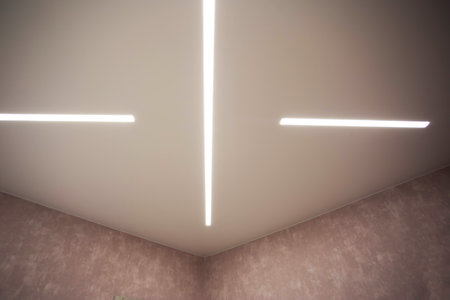 Modern designer stretch ceiling with illuminated LED lines in the room.の写真素材