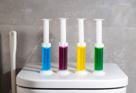 A set of multi-colored syringes with different scents on the toilet bowl in the toilet for cleaning and disinfection. Hygiene and antibacterial effectの写真素材