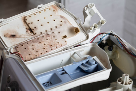 Disassembling the powder tray in the washing machine. Cleaning from dirt, mold and mildew, close-upの写真素材