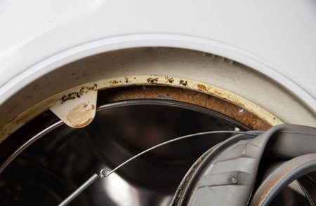 Old rubber hatch seal with washing machine defectの写真素材