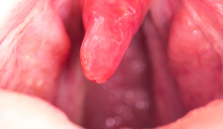 Uvulitis and sore throat in the oral cavity due to illness. Inflammation of the uvula and tonsils due to infections during illness, close-upの写真素材