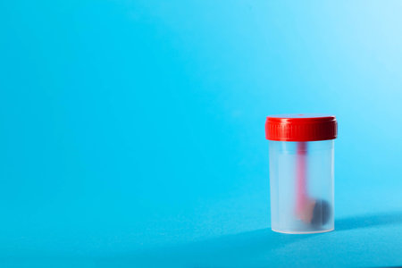 Sterile container with stool test on a blue background. Concept of stool analysis for occult blood...