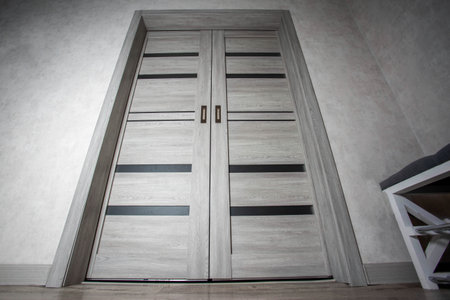 Modern gray interior sliding doors for the entrance to the hall, folding doors