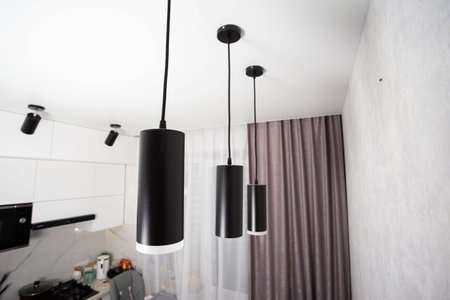 Modern black diode pendant lamps on a white stretch ceiling, designer.の写真素材