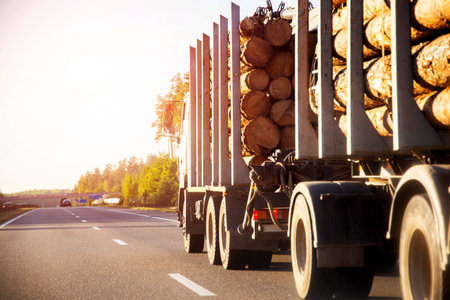 A logging truck with a semi-trailer transports forest logs along a country road in summer against...