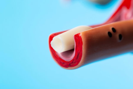 Female suppository with antibiotic and hormone in medical model of female reproductive system on blue background. Vaginal dysbacteriosis treatment concept. Copy space for textの写真素材