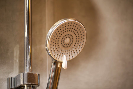 modern chrome shower head in bathroom close up