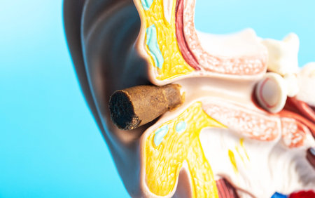 Earwax plug in the ear canal of the ear model. Copy space for text