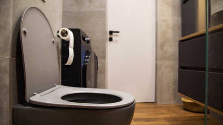 Gray wall hung toilet against white door and washing machine in bathroom. Copy space for text