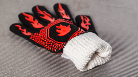 heat resistant, fireproof barbecue gloves on gray backgroundの写真素材
