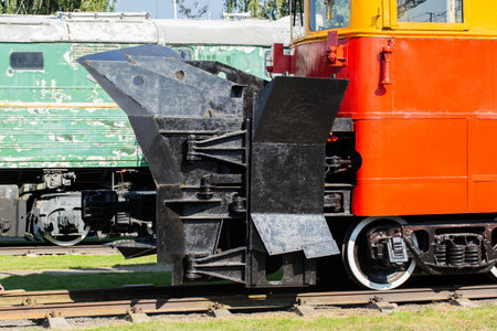 A snow plow train for clearing snow from railroad tracks in winter.