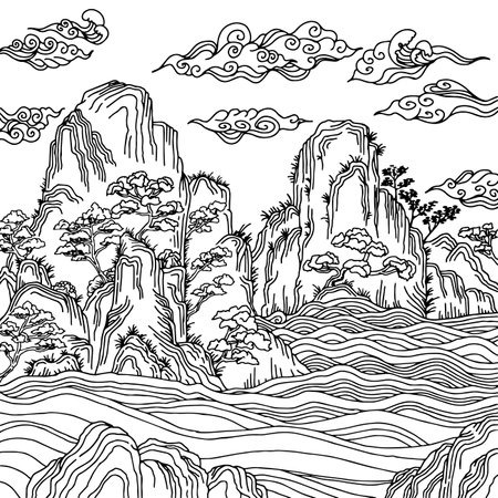 Seamless pattern with mountains and clouds. Vector illustration for coloring book.のイラスト素材