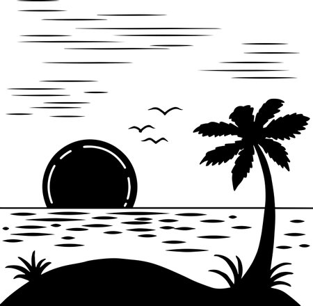 Silhouette of palm tree on the beach. Vector illustration.のイラスト素材