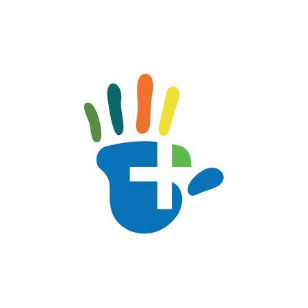 Hand Medical Logo Design. Pharmacy Cross Health Care Vector. Helping Meditationのイラスト素材