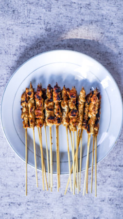 A close-up shot of freshly made arrosticini satay in a studio setting, conveying the freshness and flavour of the food.の写真素材