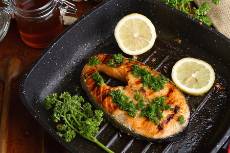 Pan grilled salmon steakの写真素材