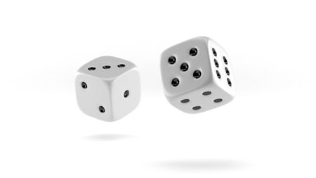 Falling white casino dice on white backgroundの写真素材