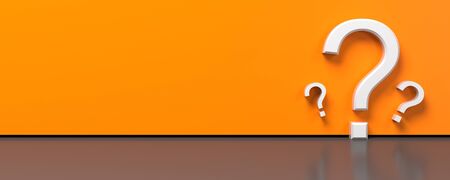 Question mark symbol on orange background for FAQ or questionnaire concept. 3D illustration