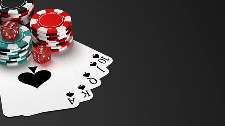 Royal flush poker hand with casino chips on table. 3D illustration