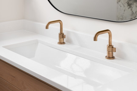 A beautiful bathroom with a white oak cabinet, marble countertop, gold faucets, and a black round mirror.の写真素材