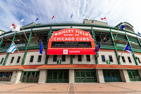 CHICAGO, IL, USA - SEPTEMBER 17, 2020: The exterior Major League Baseball's Chicago Cubs' Wrigley Field stadium in the Wrigleyville neighborhood of Chicago.のeditorial素材