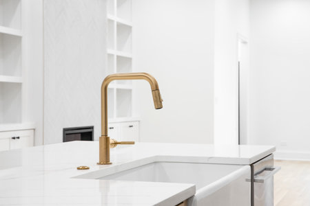 Kitchen detail shot with a farmhouse sink, gold faucet and marble countertop looking towards a living room with a fireplace and built-in shelves.の写真素材