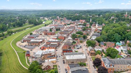 Galena, IL, USA - July 23, 2022: A drone view of downtown Galena, IL in the summertime showcasing all of the historic buildings and streets.のeditorial素材