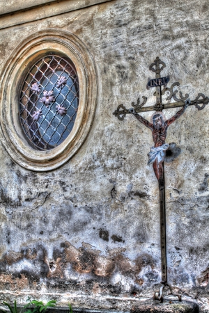 Chruch Window with Jesus Statue Frydlant Czech Republicの写真素材