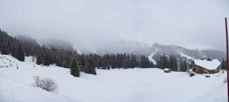 Flaine France Panorama on a snowy dayの写真素材