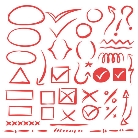 Collection Of Hand Drawn Doodle Style sketch signs, arrows, hearts, shapes, tickのイラスト素材