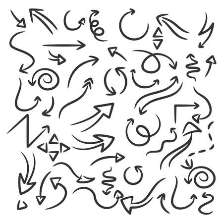 Collection Of Hand Drawn Doodle Style Arrows isolated on white background. Arrow mark icons. Arrow paintのイラスト素材