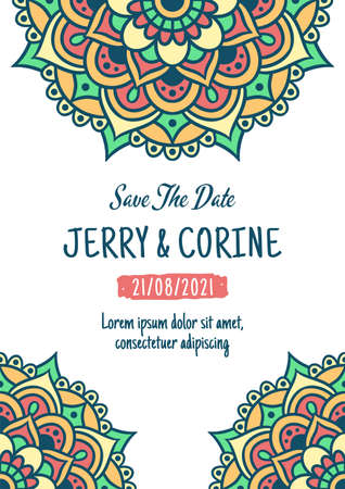 Vintage Wedding Invitation Card With Mandala Design Template, Save The Dateのイラスト素材