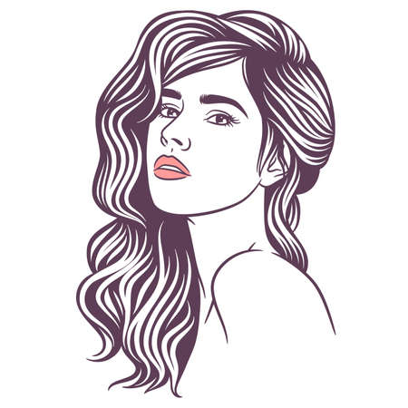 Beauty woman line art illustration black and white, beauty girl faceのイラスト素材
