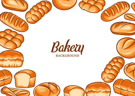 Bakery background with colorful bread vector illustration. Bakery or bakehouse menuのイラスト素材
